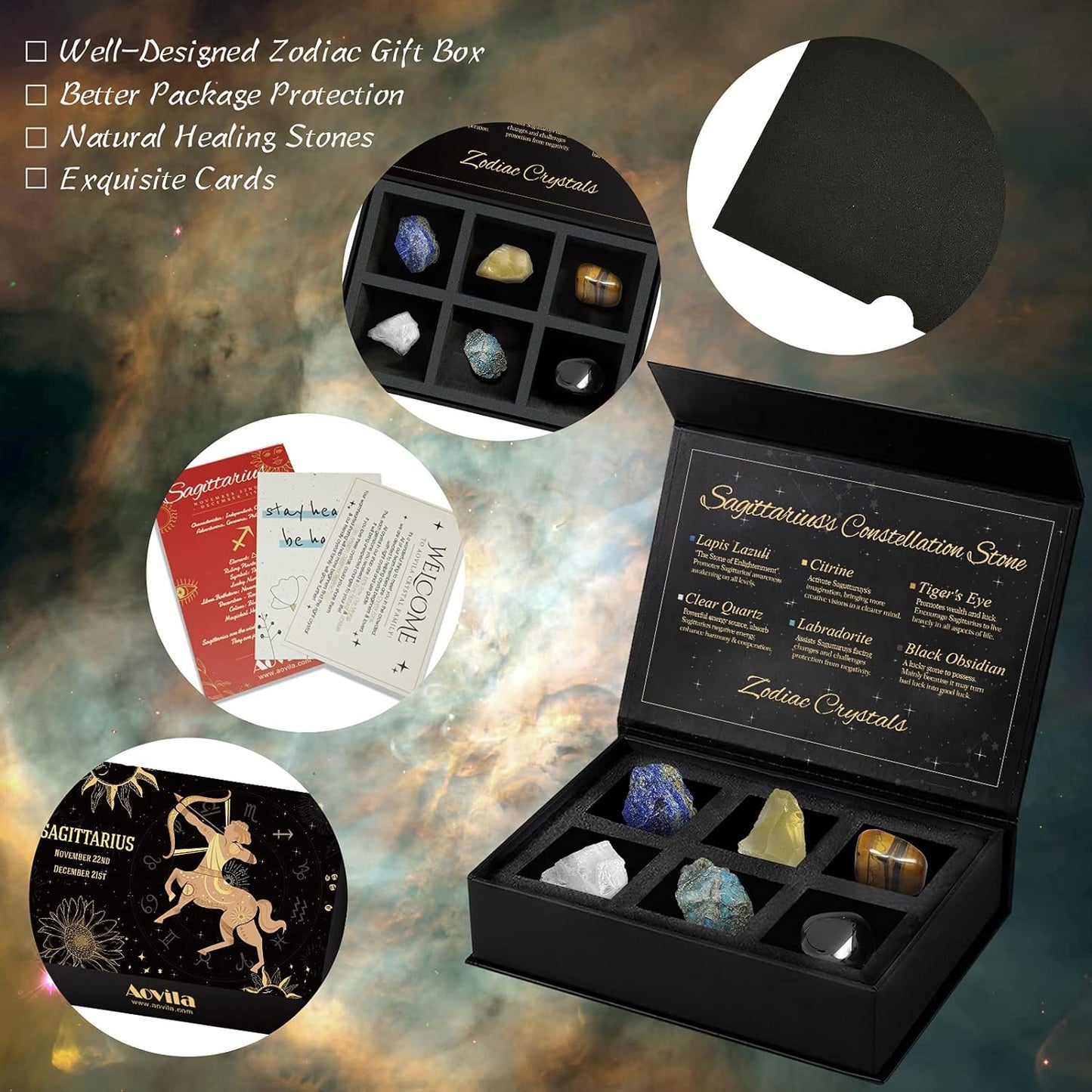 Sagittarius Crystals Gift Set, Zodiac Signs Healing Crystals Birthstones with Horoscope Box Set Sagittarius Astrology Crystals Healing Stones Gifts