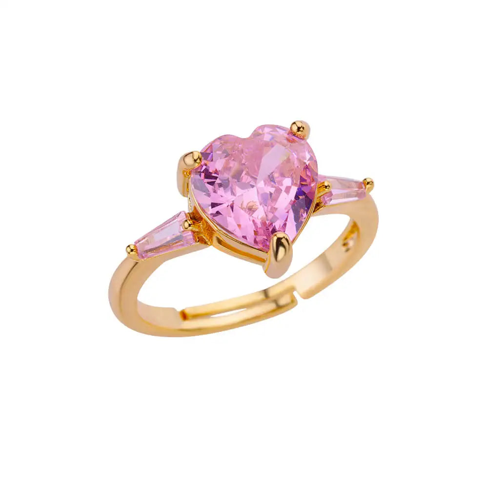 Pink Zircon Heart Ring – Gold Plated Adjustable Stainless Steel – Gift for Girlfriend, Bridesmaid, Birthday, Bachelorette Party