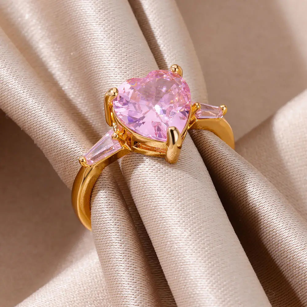 Pink Zircon Heart Ring – Gold Plated Adjustable Stainless Steel – Gift for Girlfriend, Bridesmaid, Birthday, Bachelorette Party