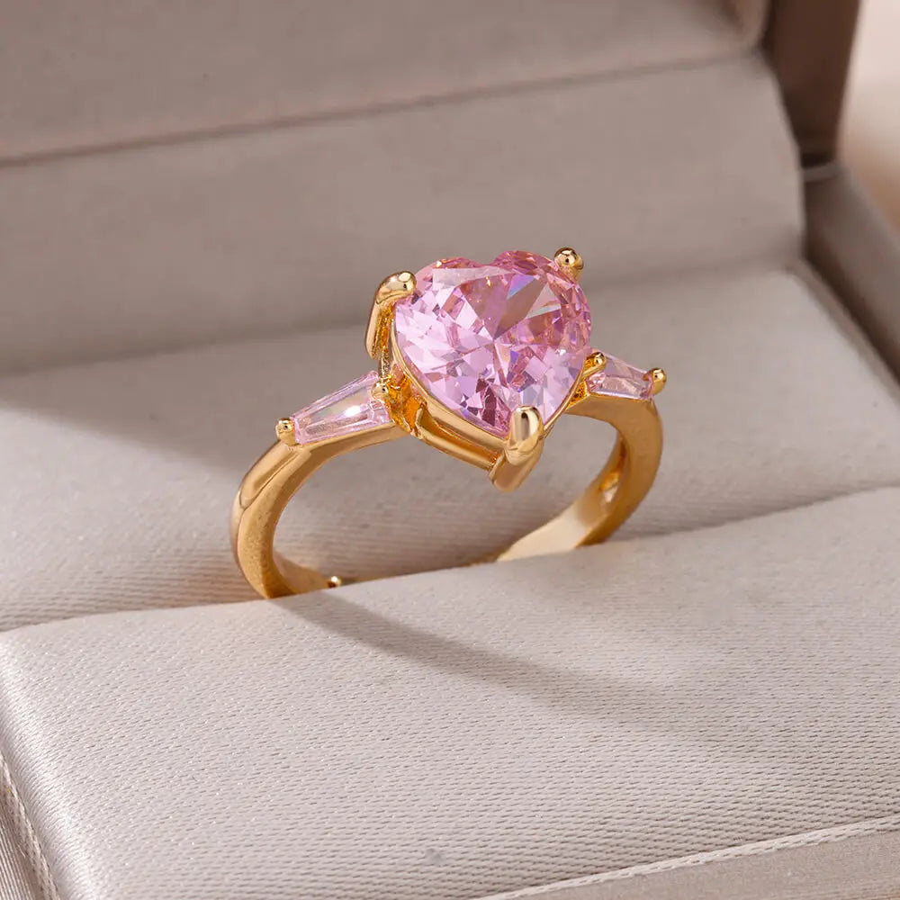 Pink Zircon Heart Ring – Gold Plated Adjustable Stainless Steel – Gift for Girlfriend, Bridesmaid, Birthday, Bachelorette Party