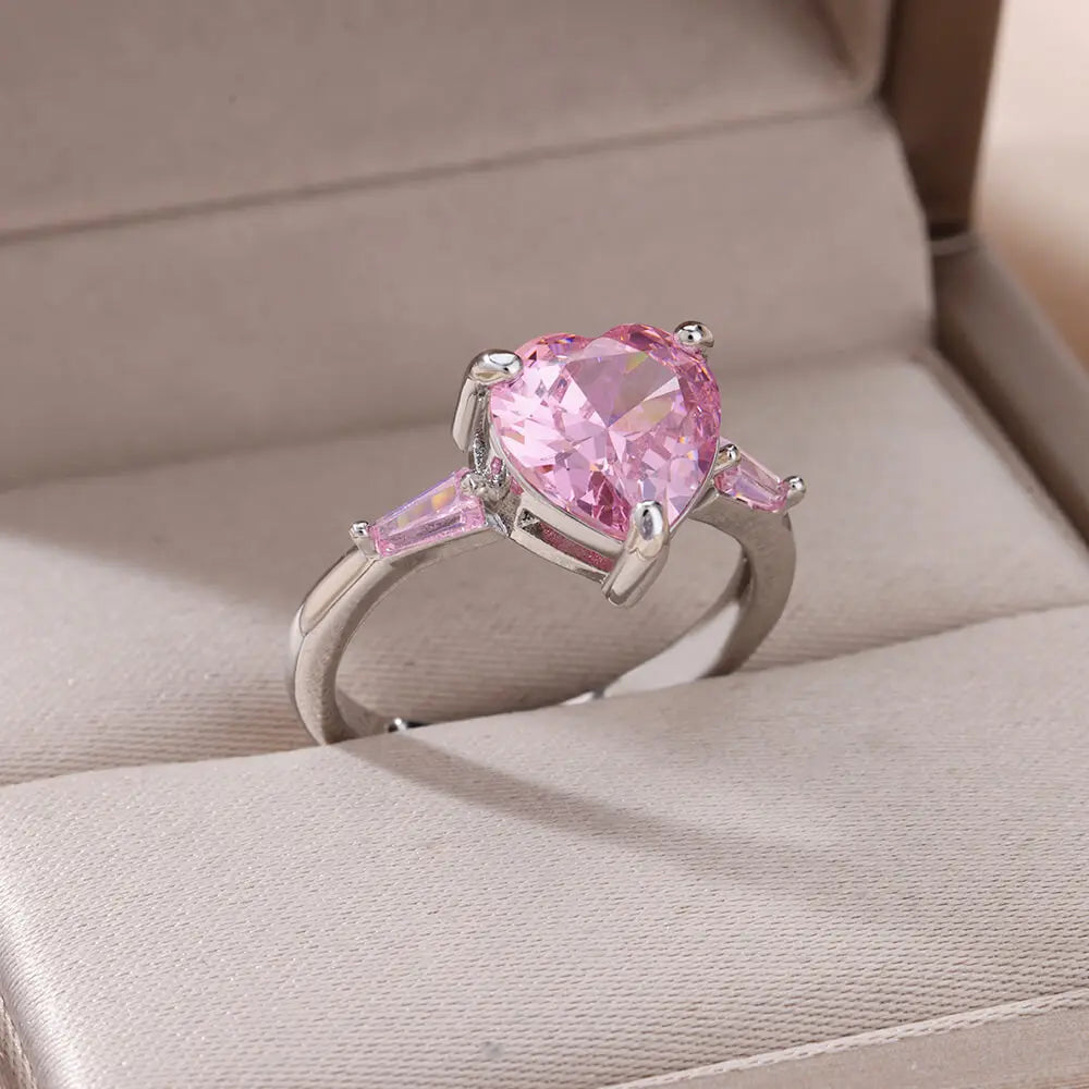 Pink Zircon Heart Ring – Gold Plated Adjustable Stainless Steel – Gift for Girlfriend, Bridesmaid, Birthday, Bachelorette Party