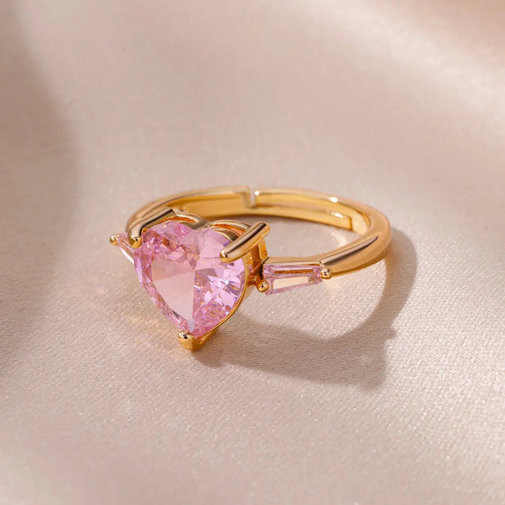 Pink Zircon Heart Ring – Gold Plated Adjustable Stainless Steel – Gift for Girlfriend, Bridesmaid, Birthday, Bachelorette Party
