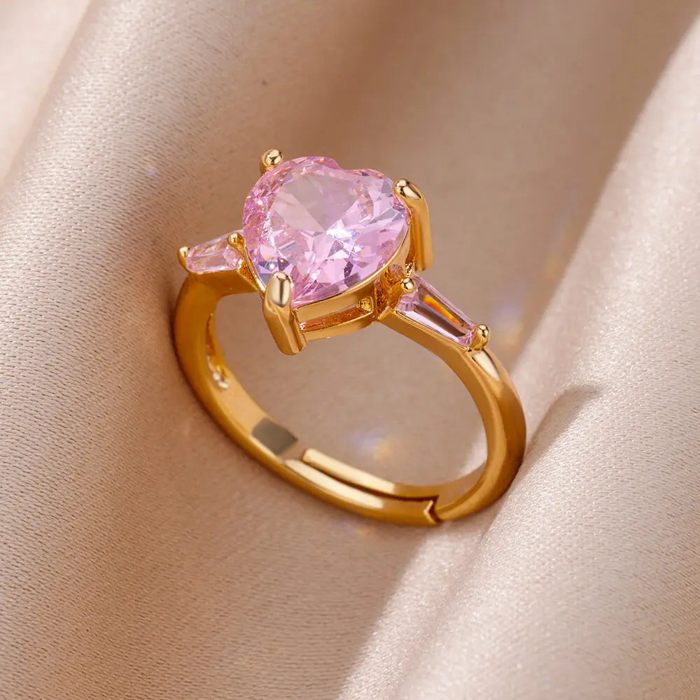 Pink Zircon Heart Ring – Gold Plated Adjustable Stainless Steel – Gift for Girlfriend, Bridesmaid, Birthday, Bachelorette Party