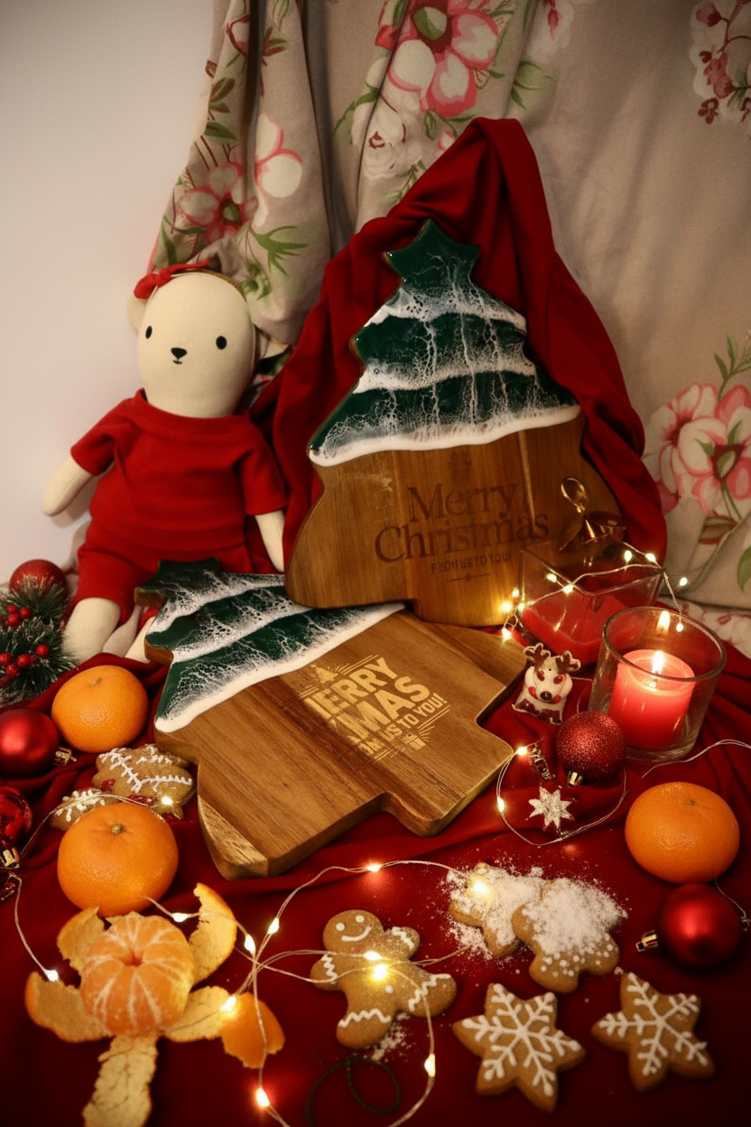 Custom Christmas Tree Cutting Board – Personalized Wooden & Resin Holiday Cheese Board – Unique Charcuterie Gift