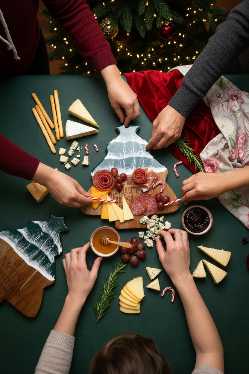 Custom Christmas Tree Cutting Board – Personalized Wooden & Resin Holiday Cheese Board – Unique Charcuterie Gift
