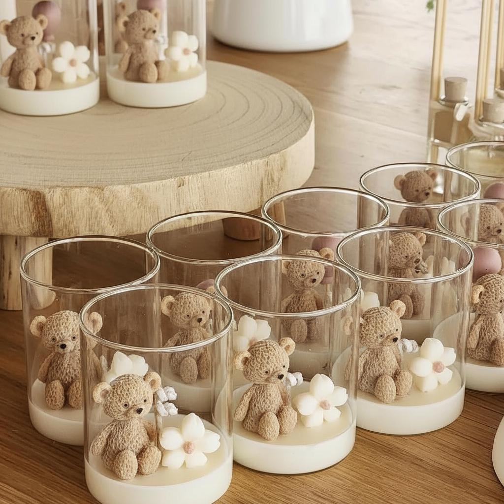 Set of 5 Custom Baby Shower Candles - Unique Handmade Soy Wax Scents - Personalized Blue Teddy Bear Favors - Eco-Friendly, Baby Gender Gift