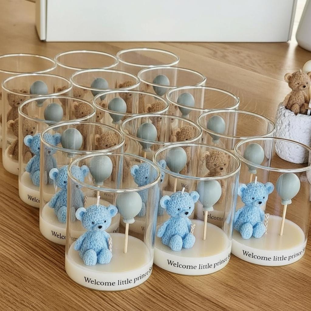 Set of 5 Custom Baby Shower Candles - Unique Handmade Soy Wax Scents - Personalized Blue Teddy Bear Favors - Eco-Friendly, Baby Gender Gift