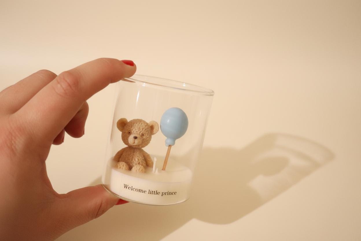 Set of 5 Custom Baby Shower Candles - Unique Handmade Soy Wax Scents - Personalized Blue Teddy Bear Favors - Eco-Friendly, Baby Gender Gift