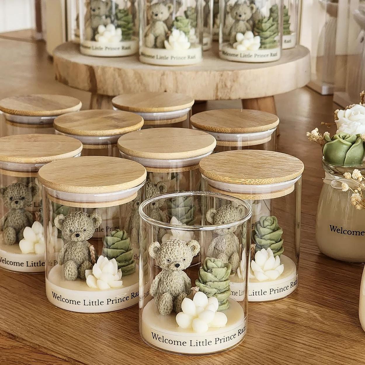 Set of 5 Custom Baby Shower Candles - Unique Handmade Soy Wax Scents - Personalized Blue Teddy Bear Favors - Eco-Friendly, Baby Gender Gift