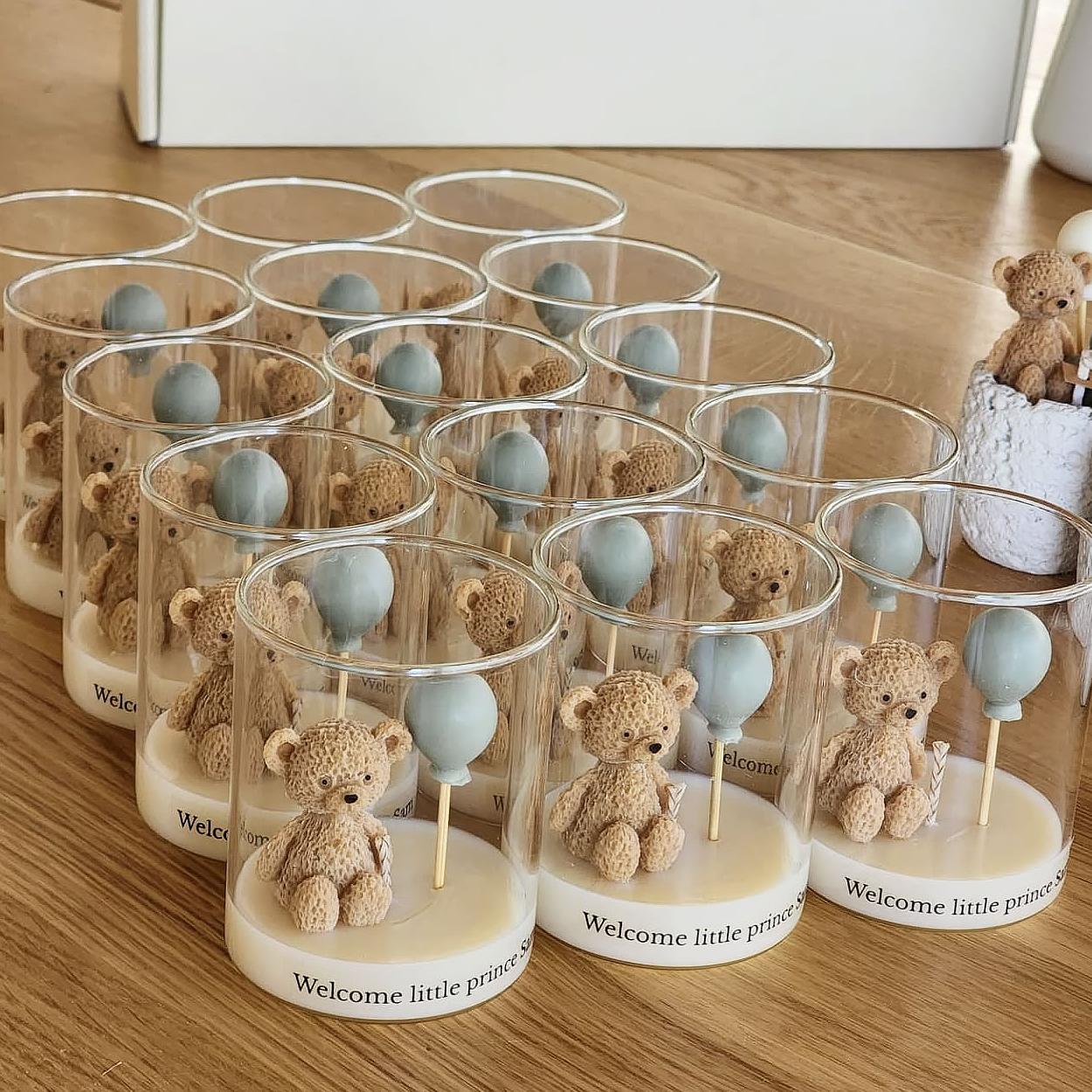 Set of 5 Custom Baby Shower Candles - Unique Handmade Soy Wax Scents - Personalized Blue Teddy Bear Favors - Eco-Friendly, Baby Gender Gift