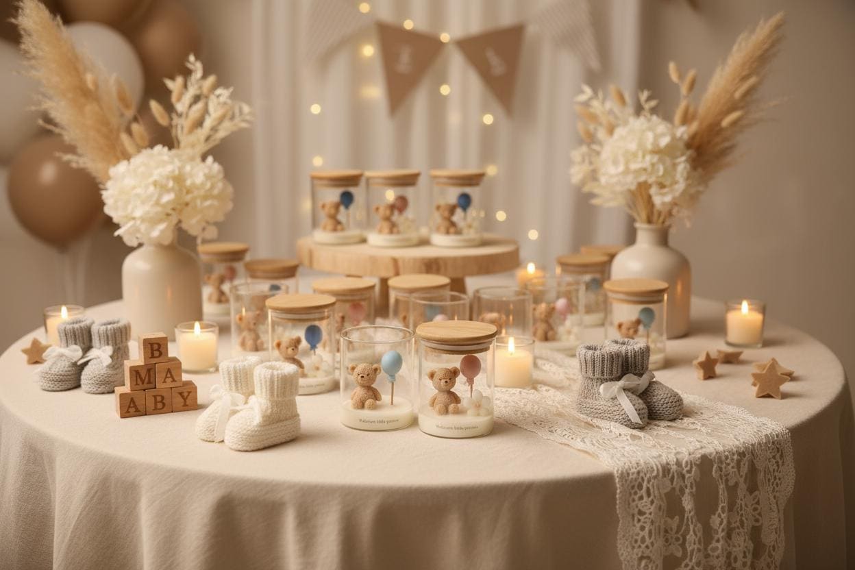 Set of 5 Custom Baby Shower Candles - Unique Handmade Soy Wax Scents - Personalized Blue Teddy Bear Favors - Eco-Friendly, Baby Gender Gift