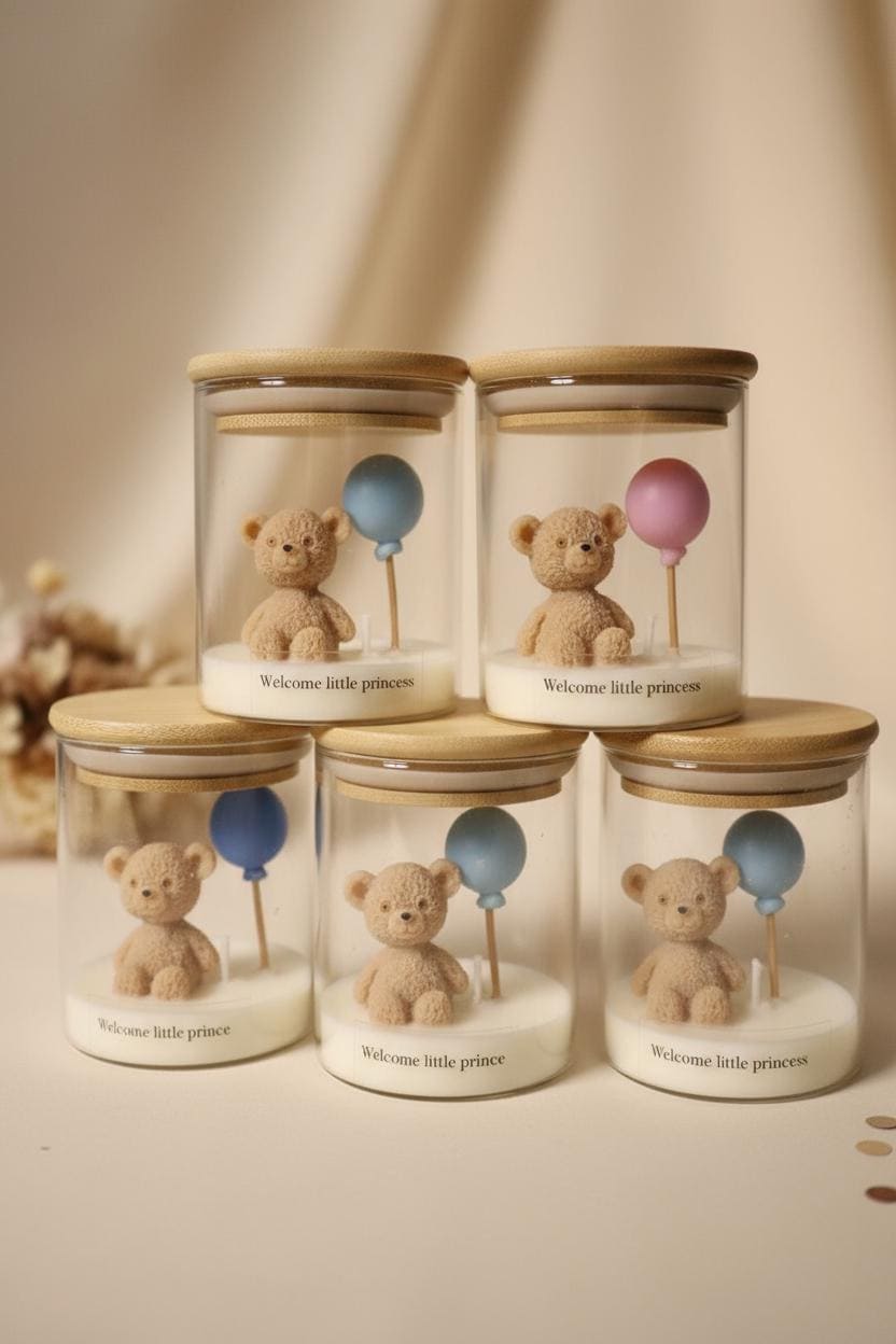 Custom Set of 5 Baby Shower Candles: Handmade Soy Wax Teddy Bear Favors