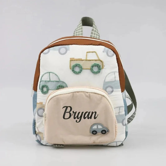 Personalized Kids' Backpack with Car Embroidery - Custom Name Toddler Diaper Bag, Walking Bag for Boys & Girls, Cute School Trav