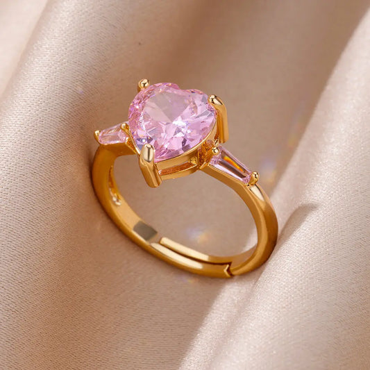 Pink Zircon Heart Ring – Gold Plated Adjustable Stainless Steel – Gift for Girlfriend, Bridesmaid, Birthday, Bachelorette Party