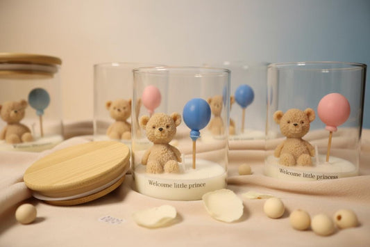 Set of 5 Custom Baby Shower Candles - Unique Handmade Soy Wax Scents - Personalized Blue Teddy Bear Favors - Eco-Friendly, Baby Gender Gift