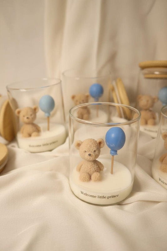 Set of 5 Custom Baby Shower Candles - Unique Handmade Soy Wax Scents - Personalized Blue Teddy Bear Favors - Eco-Friendly, Baby Gender Gift