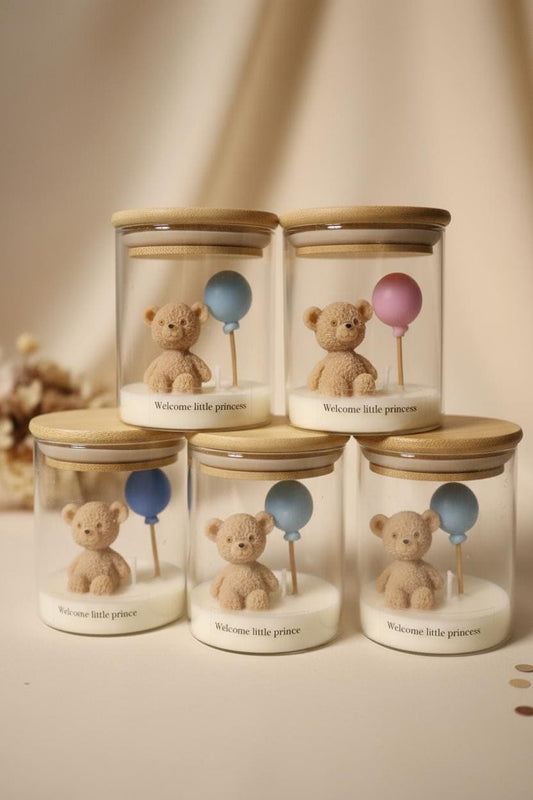 Custom Set of 5 Baby Shower Candles: Handmade Soy Wax Teddy Bear Favors